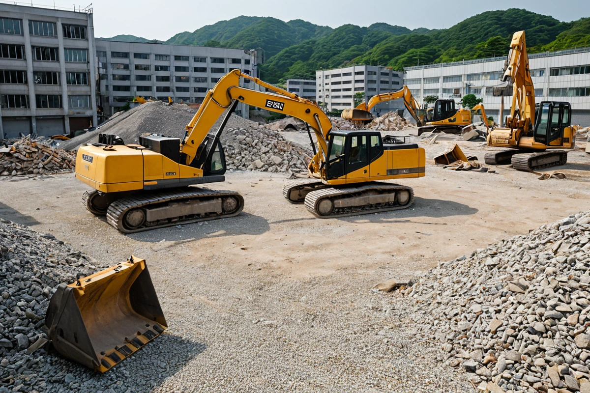 대구달서구의 철거 업체 사무실 외부에서 보이는 안전 표지와 철거 장비가 준비된 현장. 철거 작업에 필요한 안전 장비와 규제에 맞춘 철거 장비가 정리되어 있다.