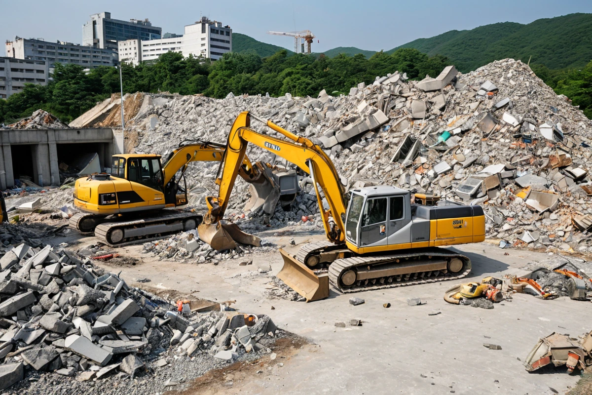 대구달서구의 한 건물 철거 현장에서 철거된 건물 잔해와 폐기물 처리 장비가 정리된 모습. 철거 작업 후 깔끔하게 정리된 공간과 폐기물 분리 처리 장비가 눈에 띈다.