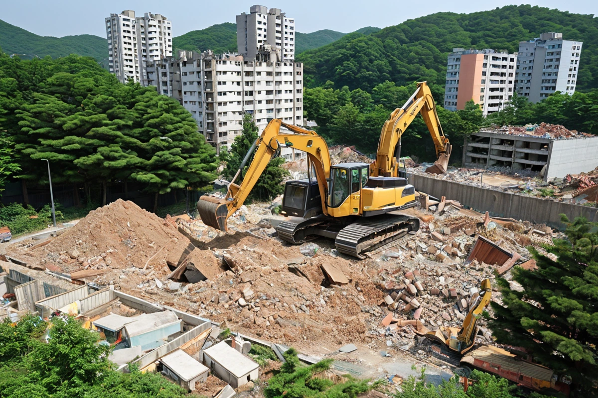 대구 대봉동 주거 지역의 아파트 단지에서 오전 9시에 시작된 철거 작업 현장, 소음 차단 장치가 설치된 철거 장비와 주변 주민들의 불편을 최소화하기 위한 조치가 보이는 실외 공간,