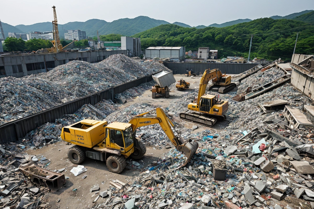 대구 대봉동 학원 철거 시 폐기물 재활용을 위한 재료 분류 장소. 철재와 콘크리트 조각이 정리되어 있는 철거 현장의 폐기물 처리 구역.