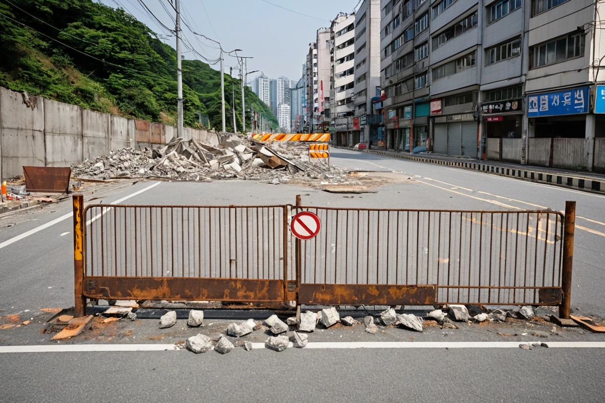 대구 대신동 상가 철거 현장 주변에 설치된 안전 울타리와 경고 표지판이 잘 보이는 모습. 철거 중인 상가 건물의 외벽과 주변 도로의 안전을 위한 흰색 안전 울타리가 정리되어 있으며