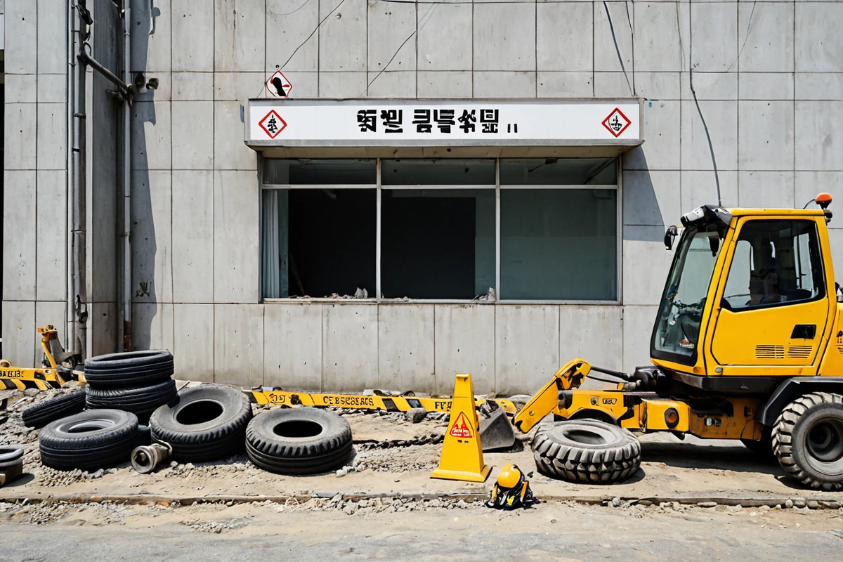 대구 대신동 지역의 철거 업체 사무실 외관, 깔끔한 간판이 달린 건물 앞에 철거 장비가 정리되어 있는 모습, 철거 작업을 위한 안전 장비와 도구가 배경에 배치된 현실적인 장면