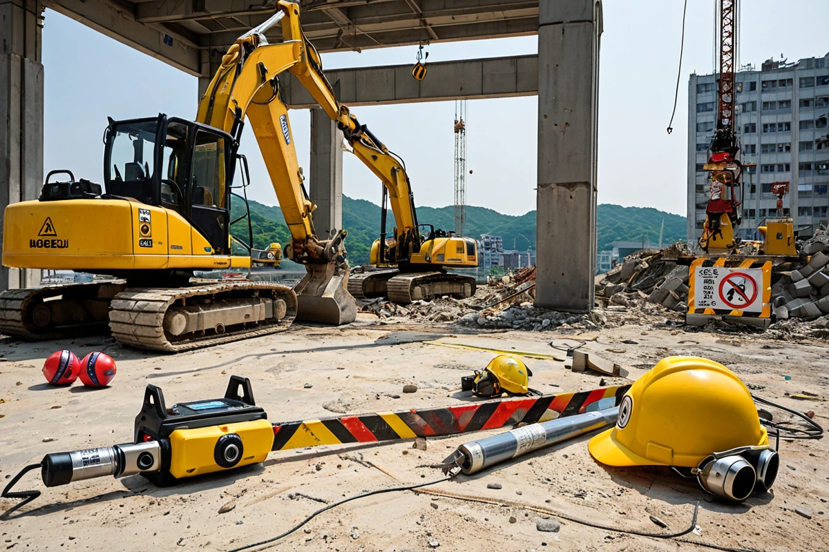 대구 대신동 지역의 카페 철거 전문 업체의 철거 장비와 안전 장비가 준비된 현장, 철거 작업을 위한 정확한 측정 도구와 안전 표지가 놓인 철거 현장 배경