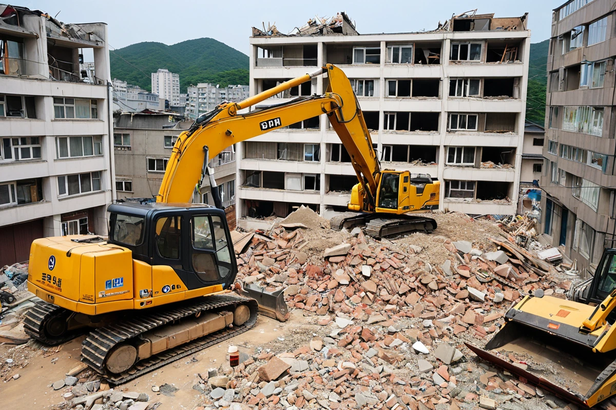 대구 동구 신암동의 일반 주택 철거 현장. 50㎡ 미만 규모의 건물이 철거 중인 모습으로, 철거 장비가 주변에 정리되어 있고, 철거 면적을 측정하는 라이트박스가 보이는 간결한 공간