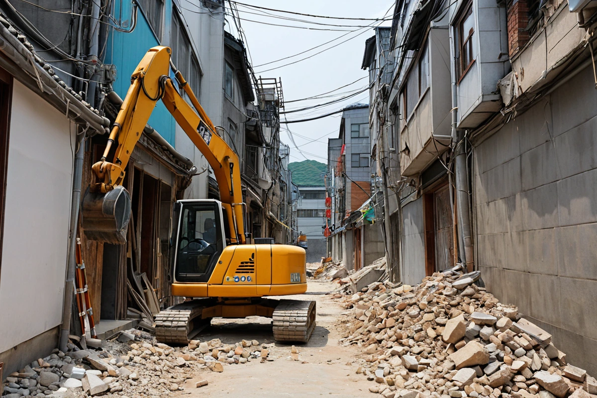 대구 동구 신암동 좁은 골목에서 철거 작업 중인 장비가 주변 건물과 안전한 거리를 유지하고 있는 장면. 철거 작업 중인 장비가 주변 건물과의 간격을 정확히 유지하며 안전하게 작업
