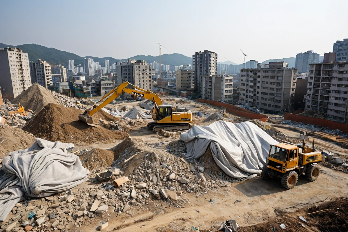 대구 동구 신암동 주택가 근처에서 철거 작업 중인 장면. 먼지 방지 천이 설치되어 있고, 주변 주민이 거주하는 아파트와의 거리가 잘 보이는 자연스러운 철거 현장 배경.