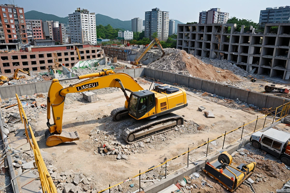 대구 동인동의 철거 현장에서, 건물 상태를 정확히 파악하기 위해 현장 실측을 진행하는 모습. 측정 장비가 정확히 위치하고, 건물의 구조가 드러나는 사실적인 장면.