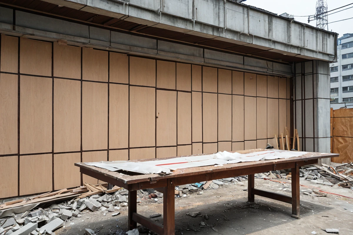 대구 동인동 지역의 상가 건물 철거 현장에서 허가 서류와 철거 계획서가 테이블 위에 놓인 모습. 건물 외부에는 철거 작업 중인 작업장 경계선이 표시되어 있다.
