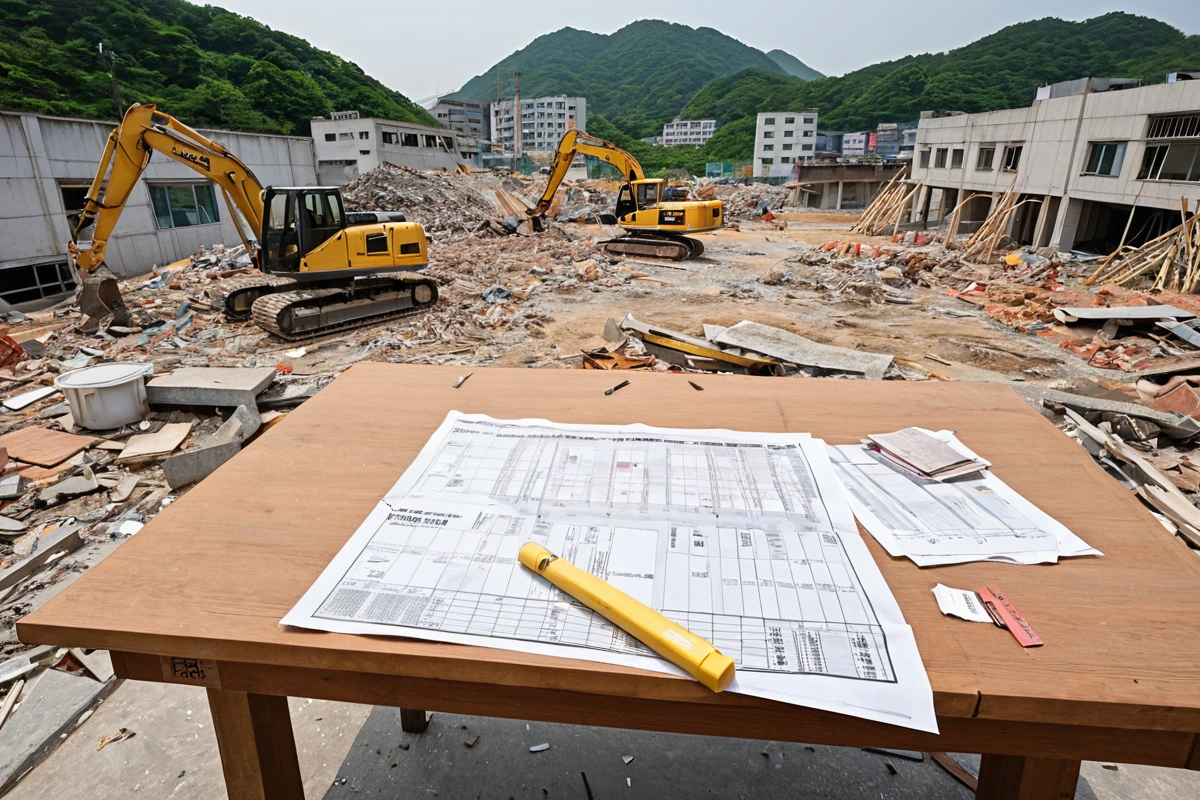 대구 동인동 철거 현장에서 견적서와 함께 정리된 비용 항목이 표시된 테이블. 견적서의 각 항목이 명확히 구분되어 있으며, 추가 비용 항목이 포함된 견적서가 테이블 위에 놓여 있는