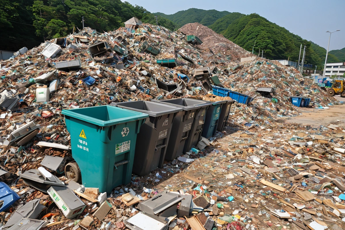 대구 동인동 학원 철거 현장에서 재활용 가능한 자재와 일반 폐기물이 분리된 채로 정리된 모습. 철거된 목재와 금속 부품이 분리된 상자에 담겨 있고, 주변에 정부 지원 프로그램 관련