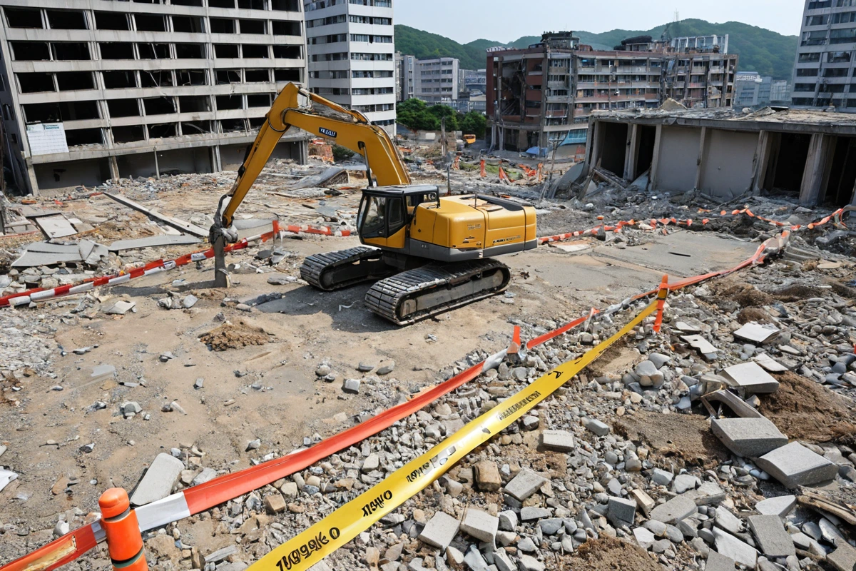 대구 삼덕동 상가 철거 현장에서 철거 규모를 측정하는 측량기와 철거 대상 건물의 구조를 보여주는 사진. 100~300평 규모의 상가 건물 외부와 철거 작업을 위한 안전 테이프가 놓