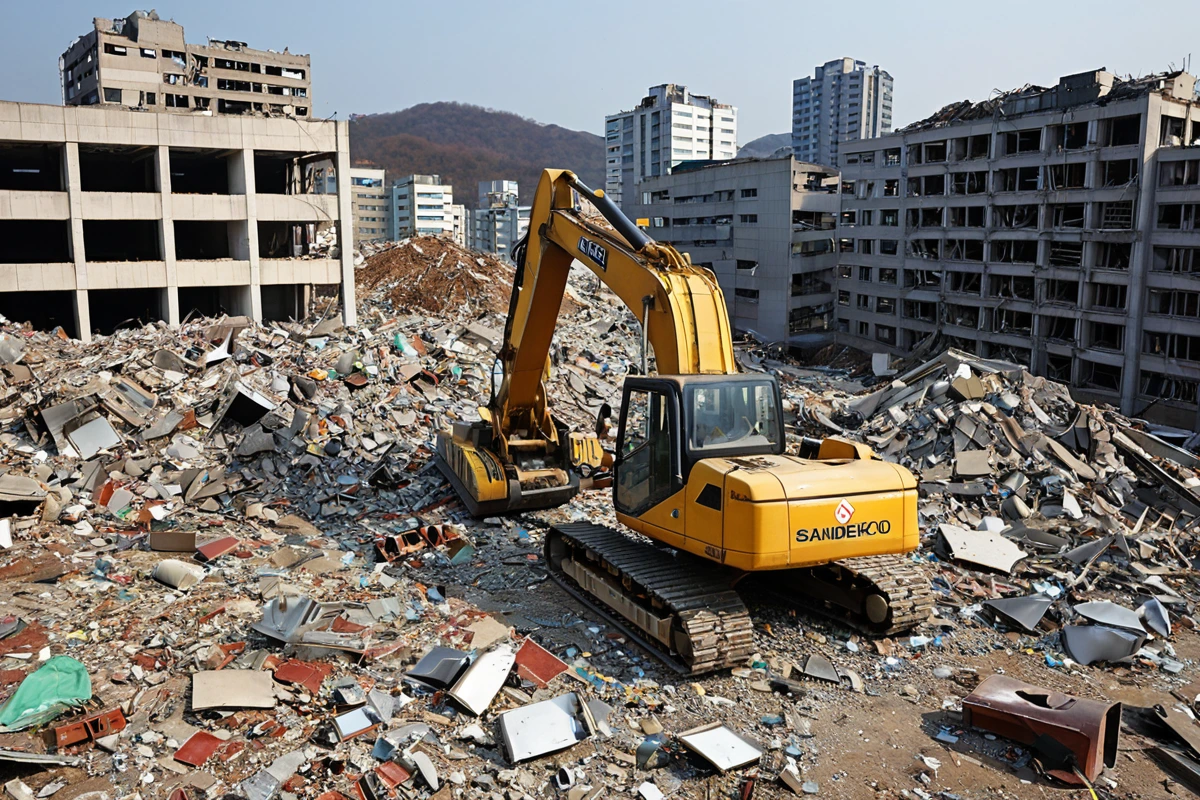 대구 삼덕동의 피시방 철거 현장에서 철거된 건물의 잔해와 재활용 가능한 금속 부품이 정리된 모습, 건물 면적과 구조에 따라 계산된 비용을 고려한 철거 작업의 규모를 보여주는 사진