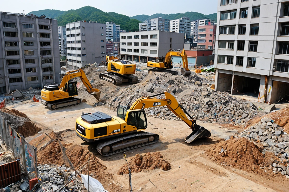 대구 삼덕동 주거지와 상업지가 혼재된 지역에서 철거 작업 중인 현장. 철거 작업 시 소음과 진동을 최소화하기 위해 철저히 점검된 작업 공간과 주변 환경이 조화를 이룬 모습.