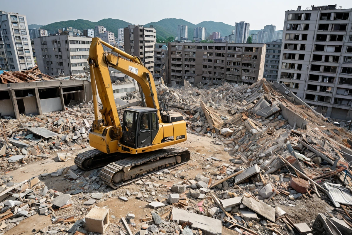 대구 삼덕동 주거지 인근에서 철거 작업 중인 전문 장비와 철거된 칸막이 재료가 정리된 현장. 철거 작업 중인 장비가 주변 건물과 조화를 이룬 촬영 각도에서의 자연스러운 풍경.