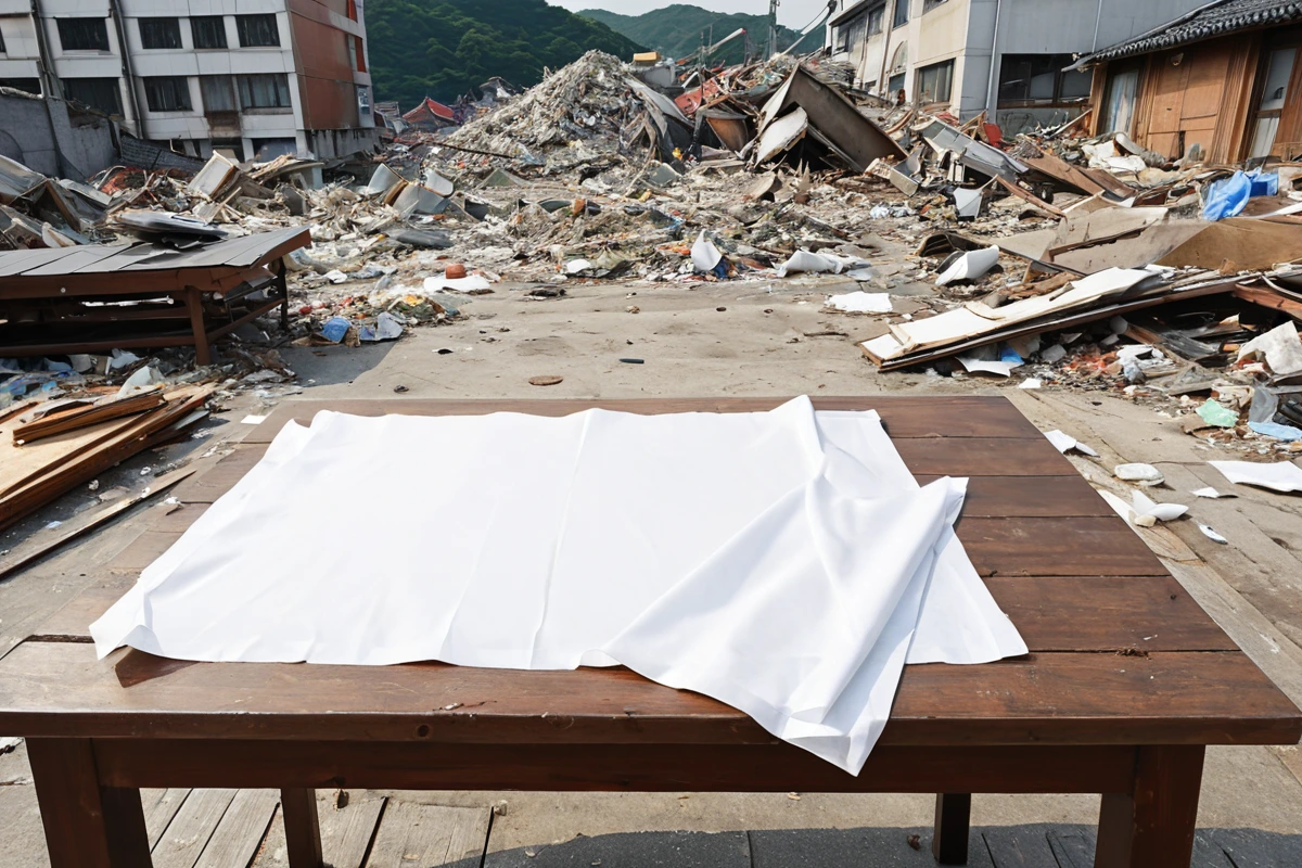 대구 삼덕동 지역의 식당 철거 현장에서, 철거된 건물의 잔해와 정리된 폐기물이 배치된 모습을 보여주는 사진. 철거 비용 견적서가 테이블 위에 놓여 있습니다.