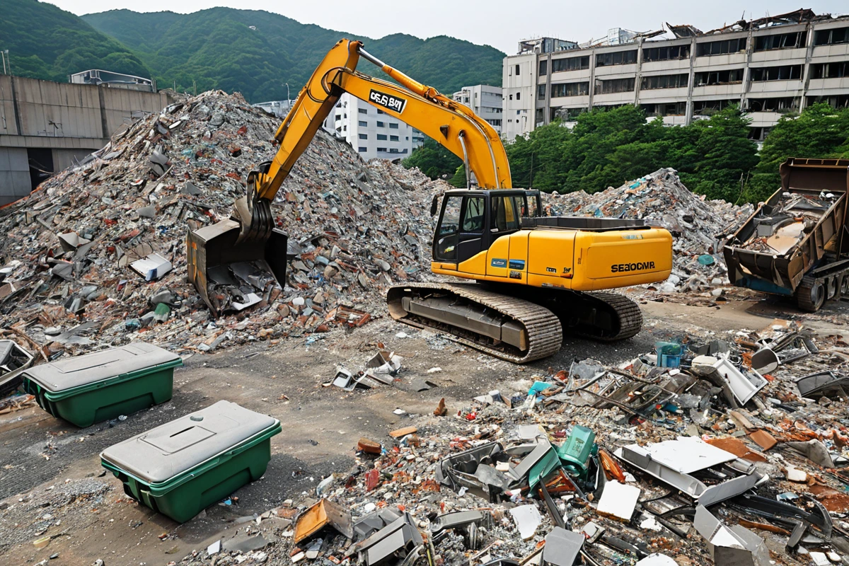 대구 성내동 상가 철거 현장에서 철거 기계가 구조물의 재활용 가능한 부품을 정확히 분리하고 있는 장면, 철거된 재료가 분류된 쓰레기통에 정리되어 있는 모습