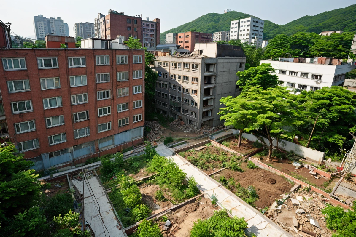 대구 성내동의 혼재된 주거지와 상가 구역에서 건물 일부가 철거된 후, 새로운 공간이 조성된 모습. 철거 후 남은 건물 외관과 새로 조성된 정원이 조화를 이룬 도시 풍경.