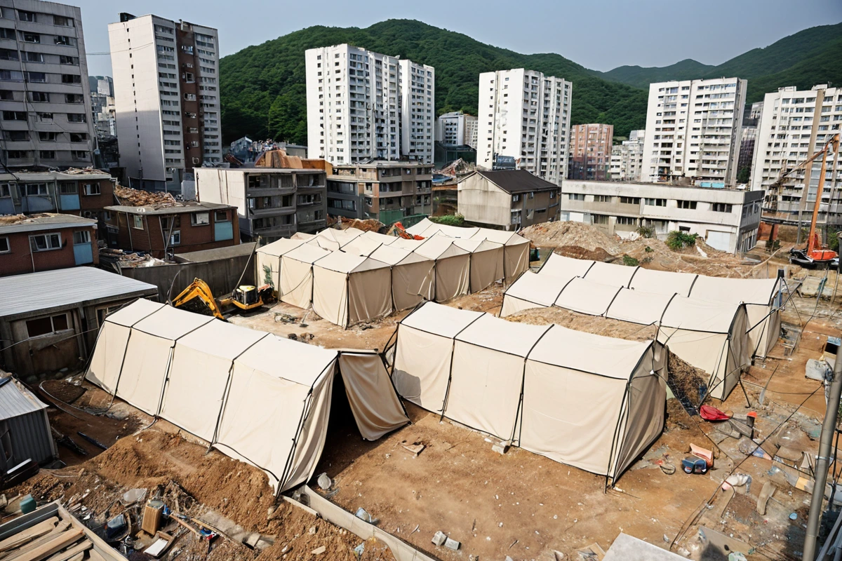 대구 성내동 주거 지역에서 철거 작업 시 먼지 차단을 위한 천막과 소음 관리를 위한 장비가 설치된 현장. 철거 작업 중 주변 환경을 보호하는 모습을 보여주는 사실적인 장면.