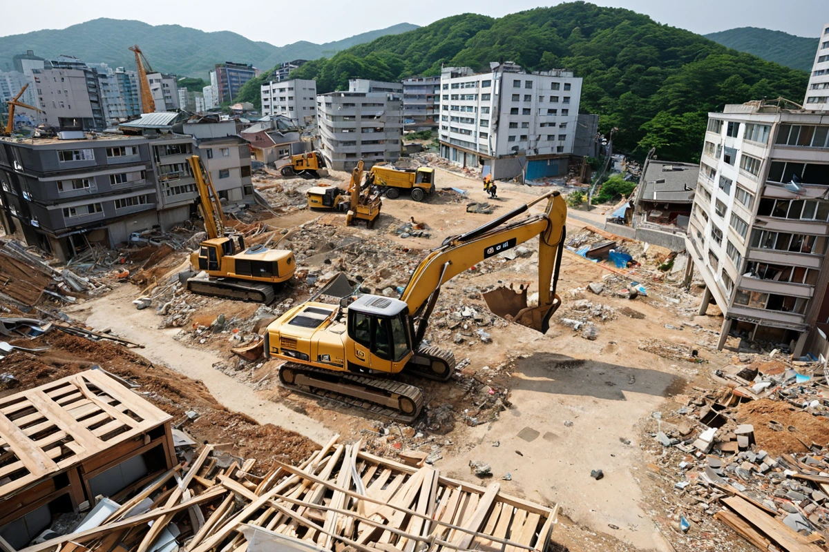 대구 성내동 주택가 근처에 위치한 피시방 철거 현장. 철거 작업 중인 중장비가 철거된 건물의 잔해를 정리하고 있는 모습. 철거 후 토지가 청소된 상태로 넓은 공간이 드러나며, 주변