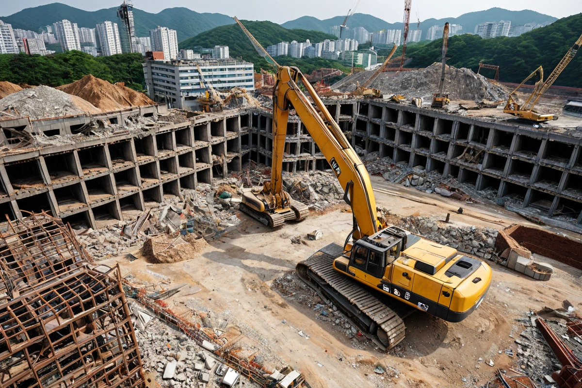 대구 성내동 지역의 텍스 구조물 철거 현장에서, 철거 중인 텍스 구조물의 세부적인 재료와 구조가 보이는 자연스러운 장면. 철거 작업 중인 장비와 함께 구조물의 크기와 재료에 따른 