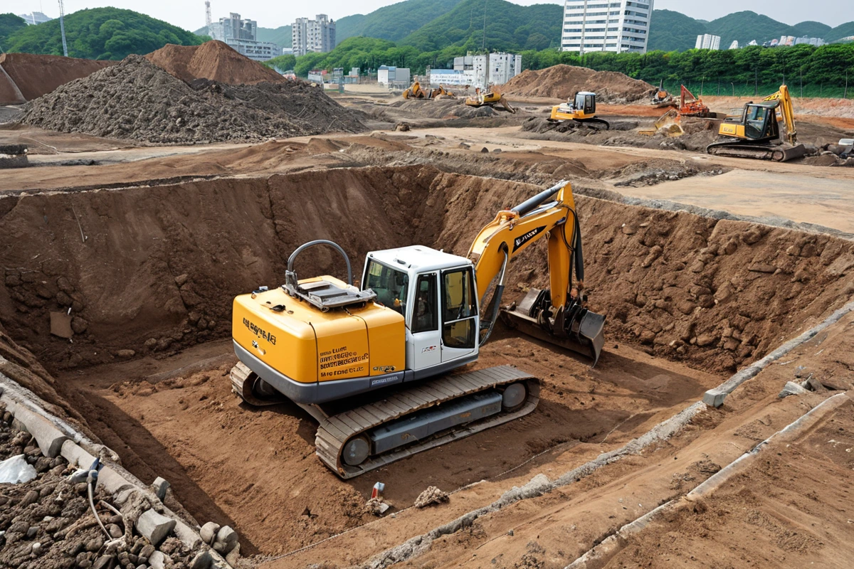 대구 성내동 철거 현장에서 철거 규모와 토양 정화 범위를 측정하는 전문 장비가 설치된 모습, 철거된 토양과 정화 작업을 위한 장비가 정리된 현장