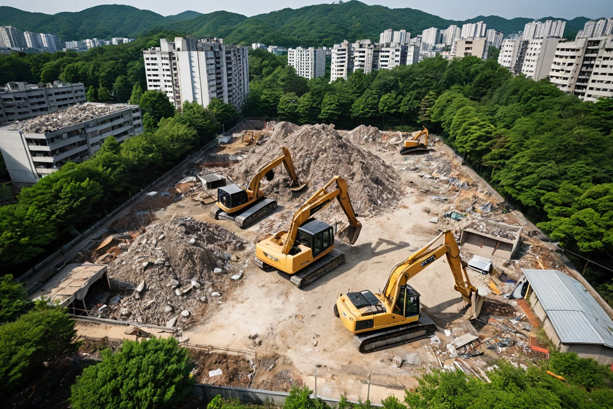 대구 수성동의 주거 지역에서 철거 작업 중인 현장. 주변 건물과 공원이 보이는 곳에서, 철거 작업 중인 장비가 소음과 먼지 관리를 위해 철저히 차단된 상태로 정리되어 있습니다.