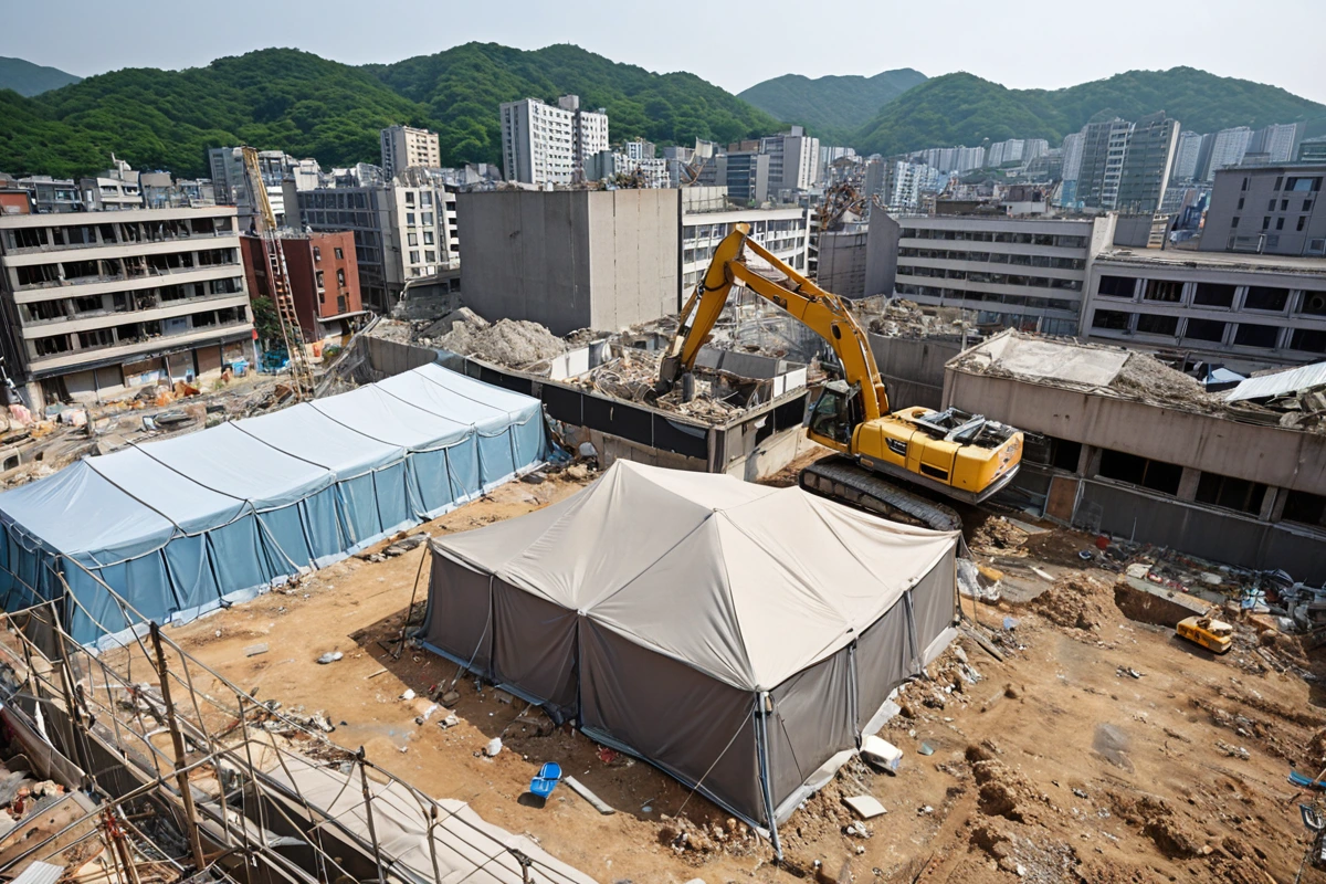 대구 중구 남산동 상가 철거 현장에서 건물 구조 안정성을 확인하는 과정. 주변 건물과의 거리가 안전한 거리로 유지된 채로 먼지 방지용 천막이 설치된 장면.