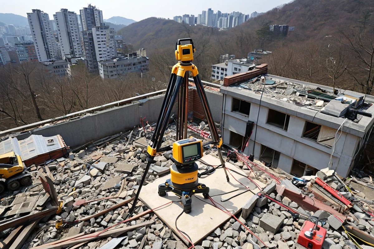 대구 중구 남산동의 주택 철거 현장, 구조물 상태를 확인하기 위해 철거 전 철저히 검사하는 장비와 함께 현장 조사 중인 도구들이 정리되어 있는 모습입니다.