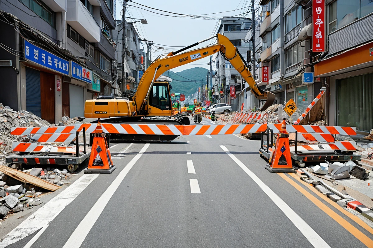 대구 중구 동인동의 좁은 도로에서 철거 작업이 진행 중인 모습, 교통 관리 차량이 주변 도로를 안전하게 차단하고 있는 상황. 도로가 좁은 지역에서의 철거 작업의 주의가 필요한 점을