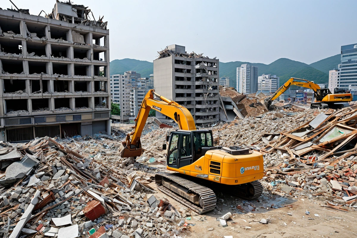 대구 중구 동인동의 철거 현장에서 철거물이 철저히 정리된 모습. 철거된 건물 잔해가 옆으로 치워진 상태로, 철거 업체의 작업 장비가 정리되어 있는 모습.