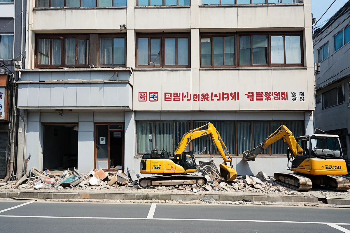 대구 중구 동인동 지역의 철거 업체 사무실 외관. 깔끔하게 정리된 사무실 건물 앞에 철거 장비가 주차되어 있는 모습. 건물 외벽은 청결하게 관리되어 있으며, 철거 장비는 전문적인