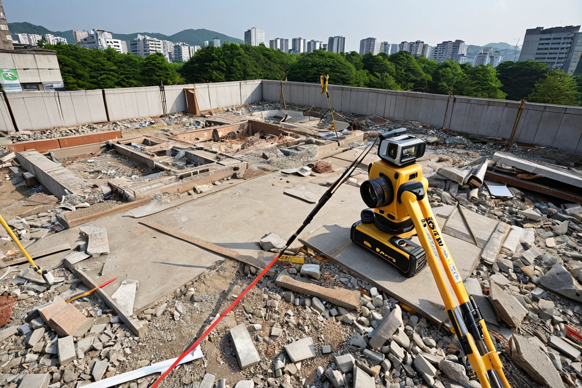 대구 중구 삼덕동 상가 철거 후 남은 구조물과 잔여물이 정리된 현장, 구조적 상태를 분석하기 위한 측정 도구가 놓여진 모습
