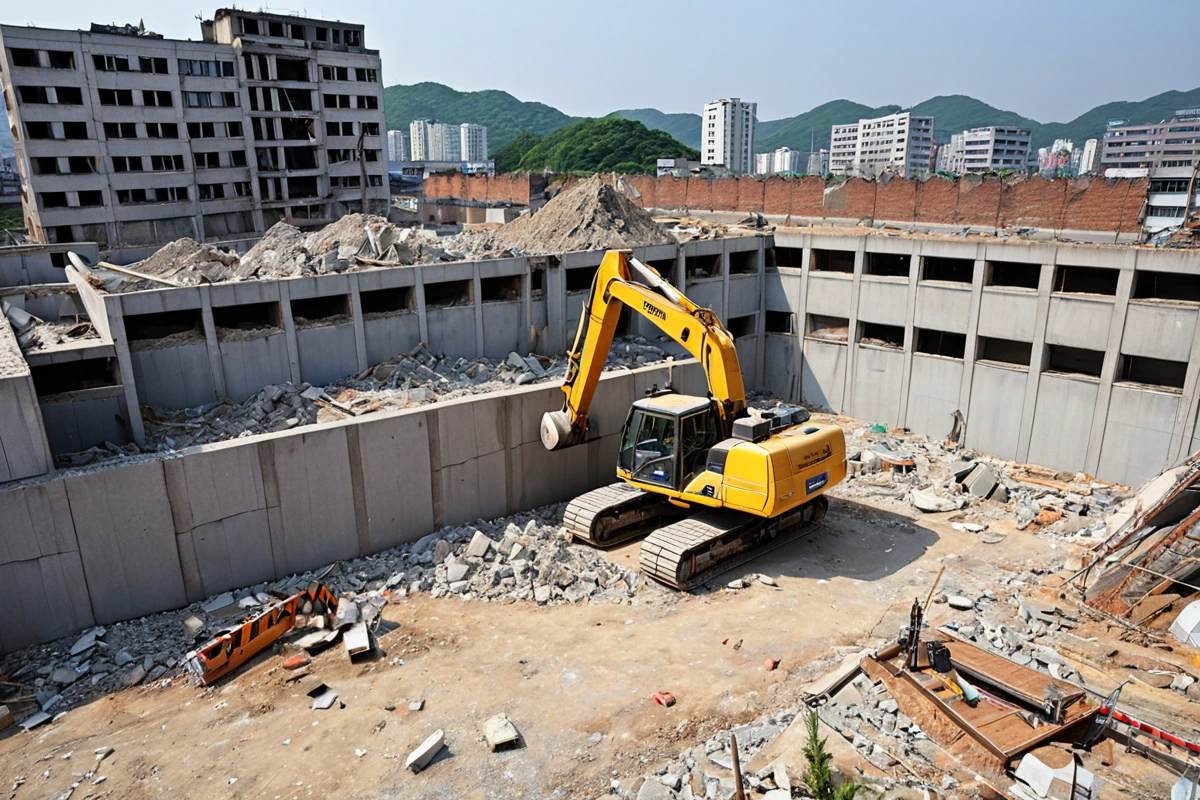 대구 중구 삼덕동의 건물 일부를 철거하는 현장에서, 철거 전에 구조적 상태를 확인하기 위해 측정기기를 사용한 모습. 건물의 벽면과 철거 예정 구역이 선명하게 보이고, 철거 업체의 