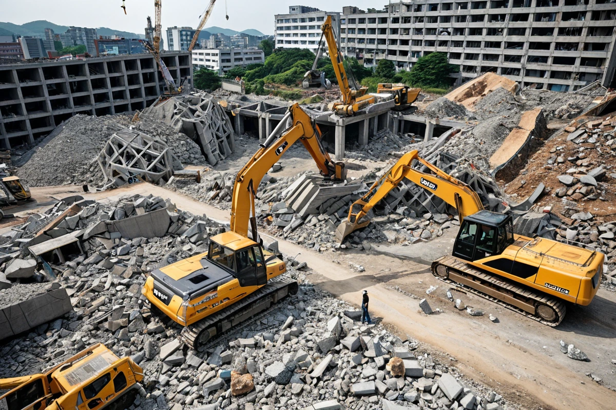 대구 중구 삼덕동의 건물 철거 현장에서 철거 작업 중인 장비와 철거된 재료가 쌓인 모습. 건물 구조와 폐기물 처리 과정을 자연스럽게 보여주는 장면.