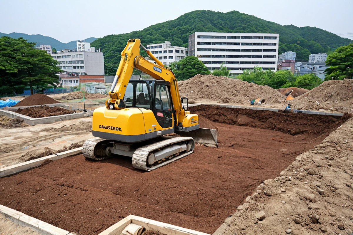대구 중구 삼덕동의 과거 상업용 건물 철거 후 주거용으로 복구된 현장, 구조물 복구 중인 장비와 토양 검사 도구가 배치된 촬영 각도에서의 실물 사진. 토양 오염 정화 작업 중인 모