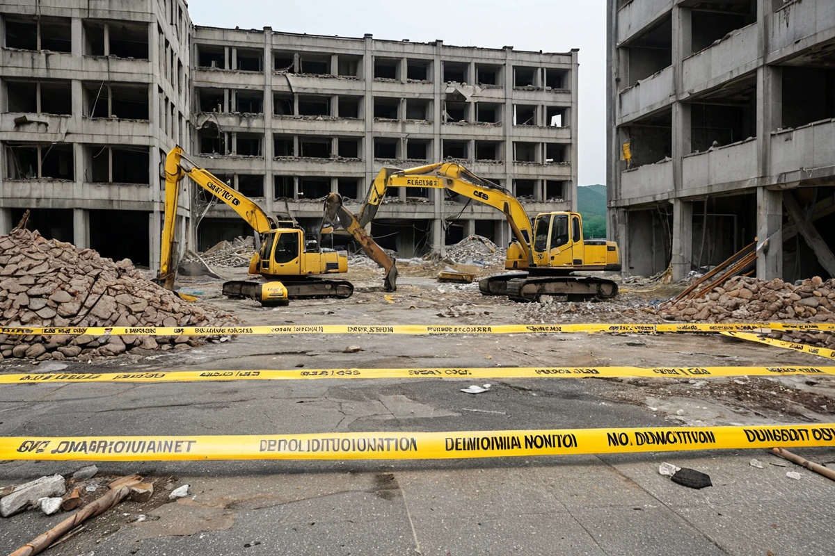대구 중구 삼덕동의 폐업 건물 철거 현장에서 안전 장비와 철거 작업 준비가 완료된 장면. 철거 작업을 위한 장비가 정리되어 있고, 철거 구역과 안전 경계선이 표시된 공간이 보인다.