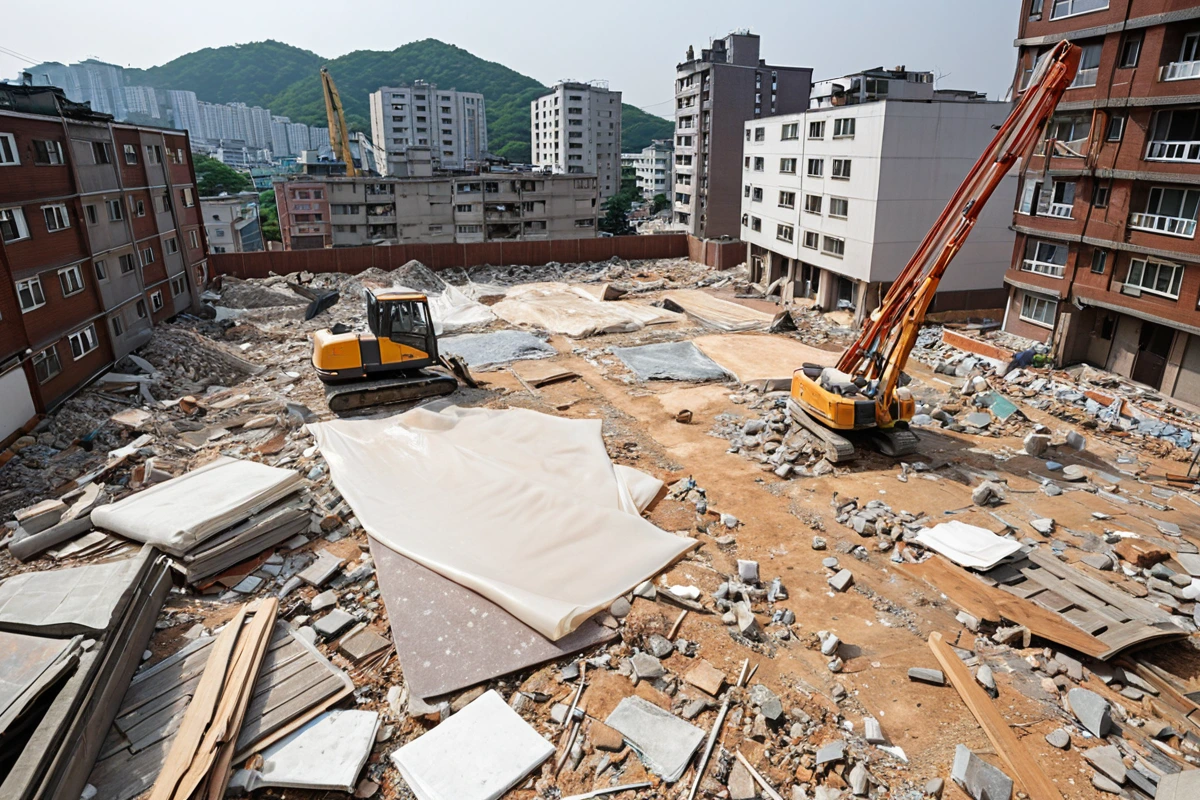 대구 중구 삼덕동 주거지역의 바닥 철거 현장, 철거 중인 바닥재와 먼지 방지용 비닐 천으로 덮인 주변 공간, 정리된 철거 장비가 배경에 위치한 사실적인 장면