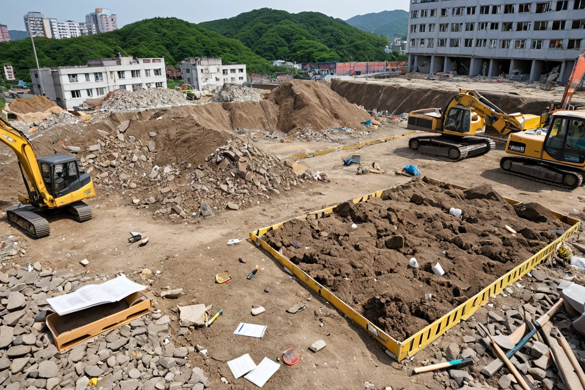 대구 중구 삼덕동 지역에서 진행된 원상복구 작업 현장, 철거된 건물 잔해와 복구 중인 구조물이 조화롭게 배치된 촬영 각도. 현장 조사 도구와 토양 검사 결과 문서가 자연스럽게 배경