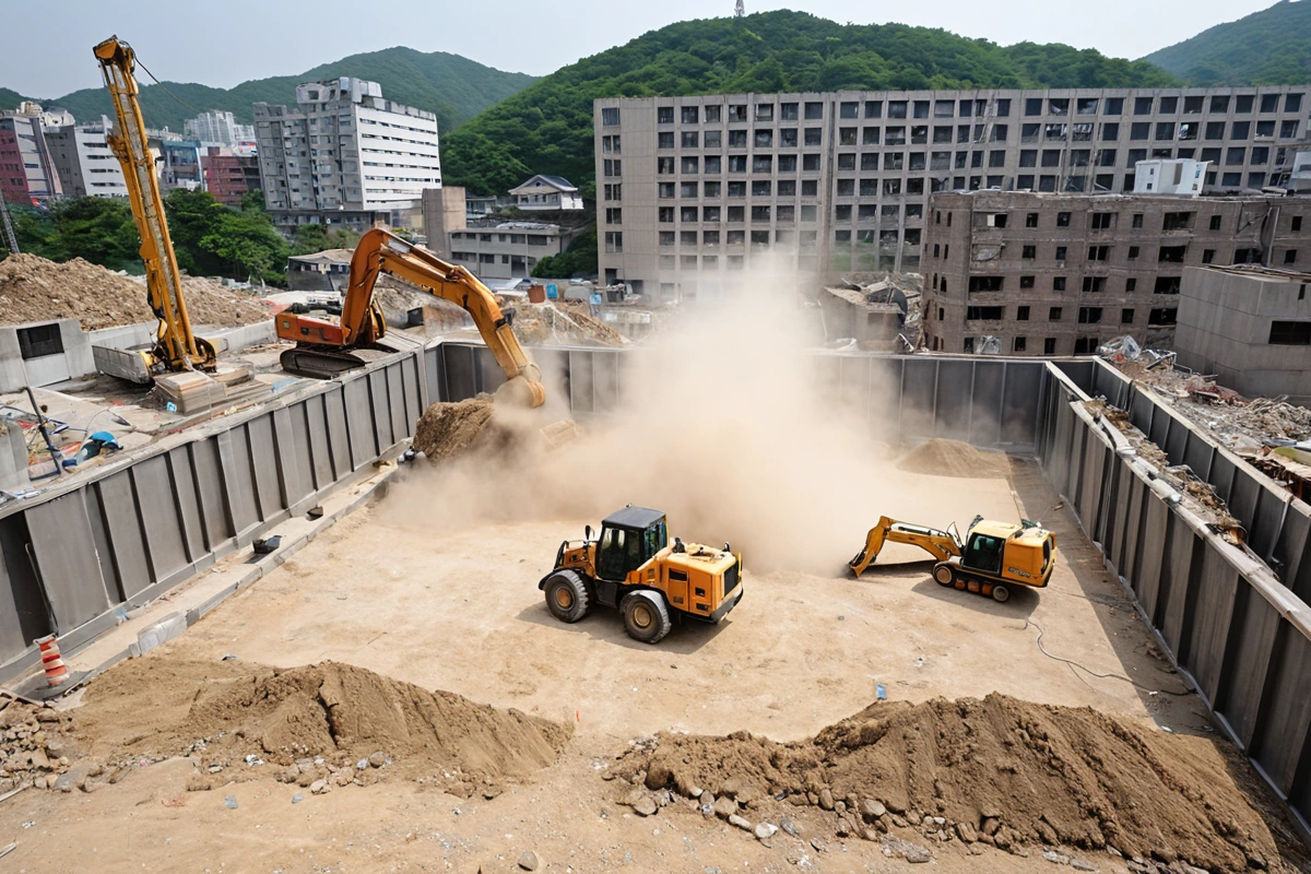 대구 중구 삼덕동 철거 현장에서 전문 장비가 먼지 차단막을 설치한 모습. 소음 감소를 위한 특수 캡슐화 장비가 작동 중인 모습. 주변 건물은 철거 작업으로 인한 영향 없이 평온한