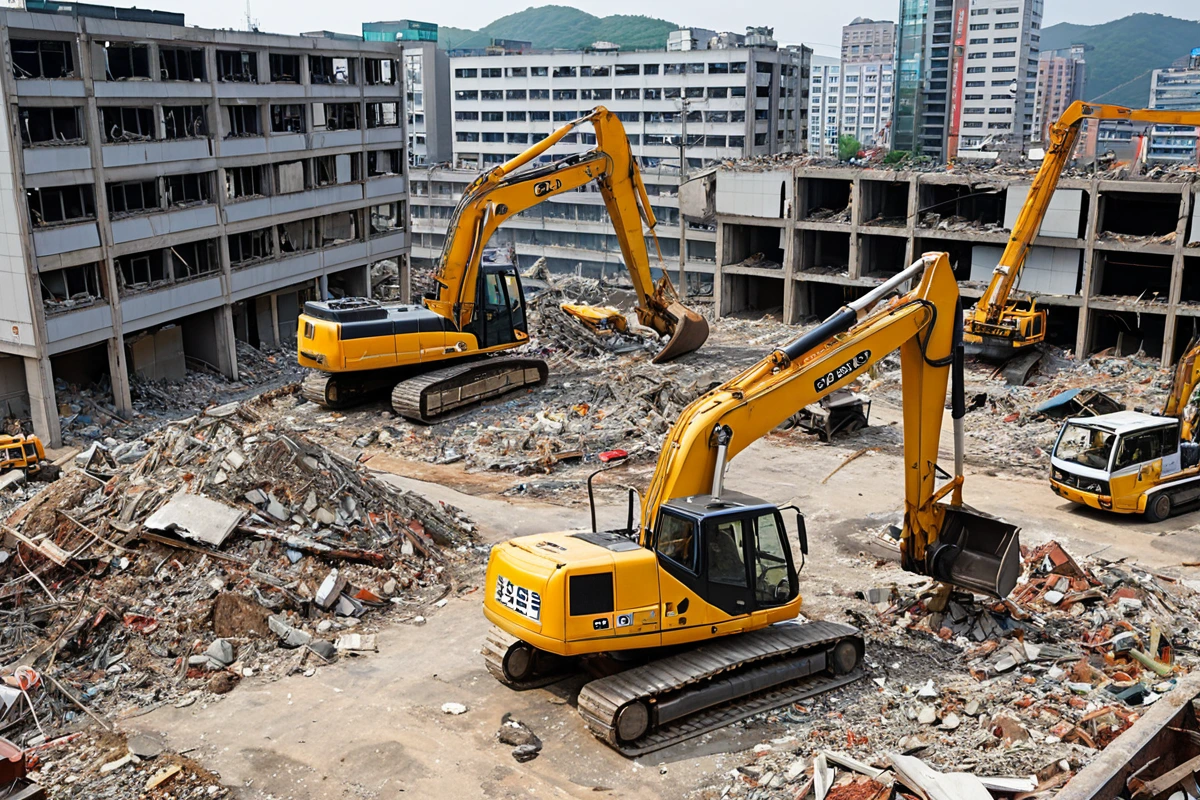 대구 중구 성내동 상가 철거 후 남은 구조물과 철거 장비가 정리된 현장. 건물의 구조적 결함이 드러난 부분과 철거 과정에서 사용된 장비가 자연스럽게 배치된 사진.