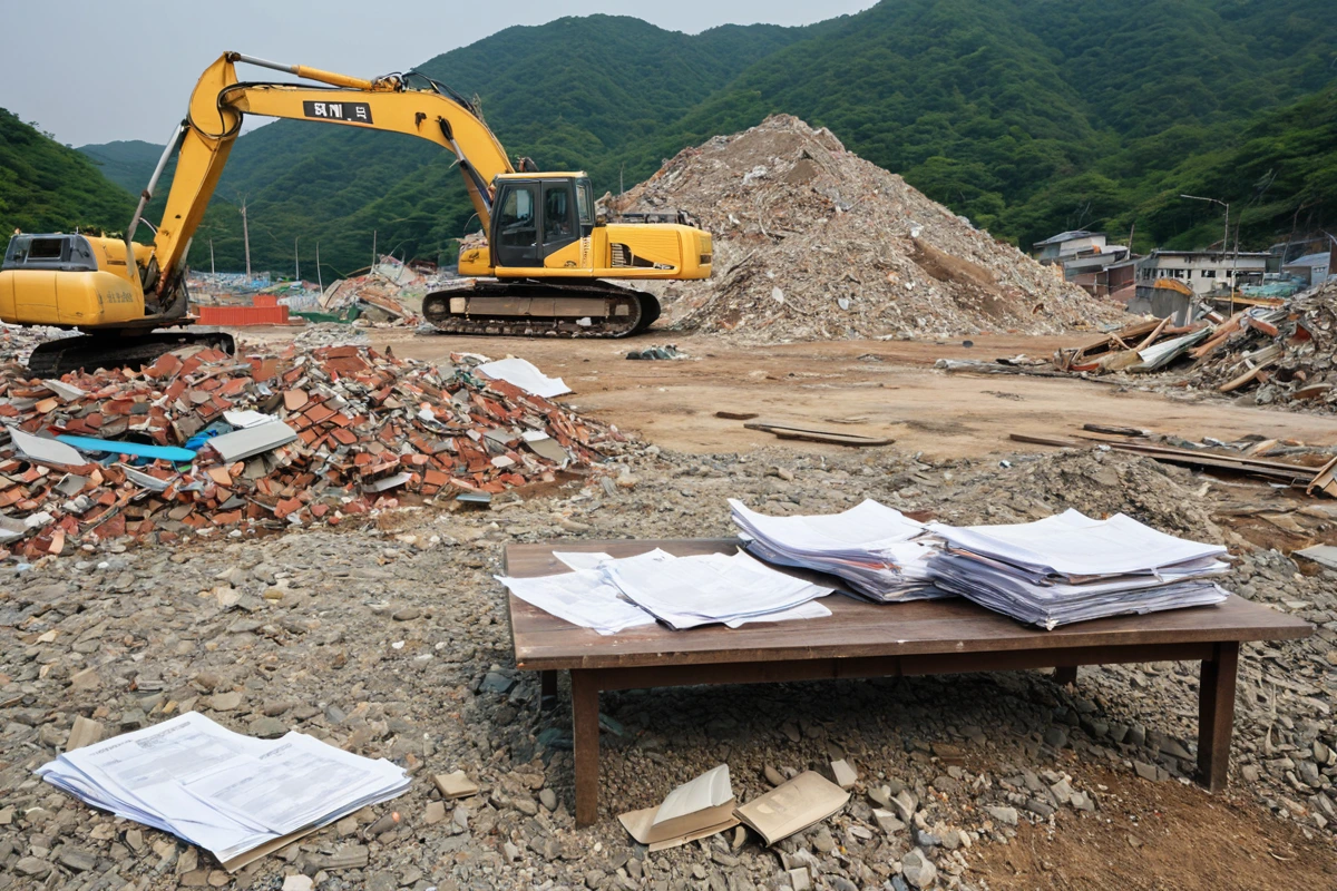 대구 중구 성내동의 사무실 철거 현장에서 건축법과 환경 보호법 관련 서류가 놓인 테이블 위, 철거 장비가 정리된 배경, 법적 절차 준수를 강조하는 사실적인 사진