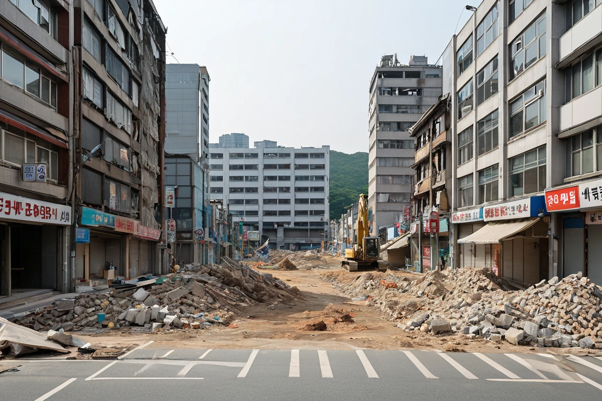 대구 중구 성내동의 상업 지역에서 철거 작업 중인 현장 주변의 상가와의 거리가 확인 가능한 모습. 철거 작업 중인 장소와 주변 상가의 건물이 분명히 보이는 상황에서 소음 차단을 위