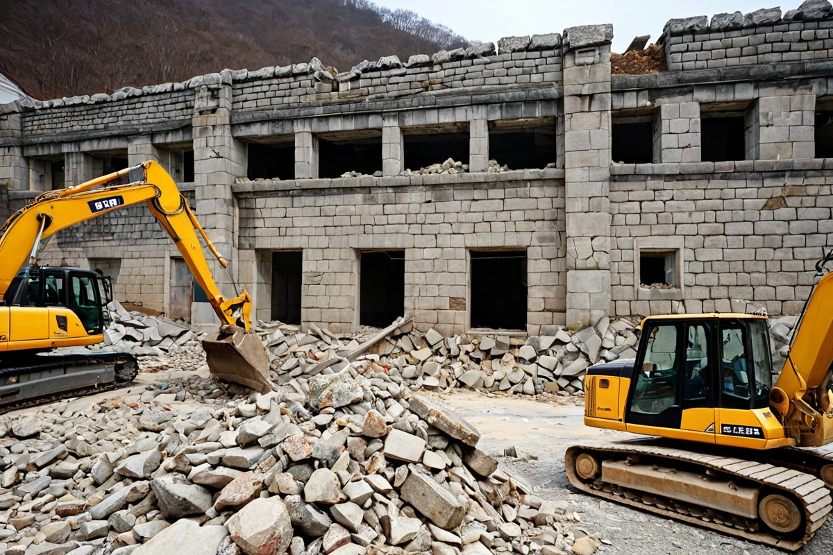 대구 중구 성내동의 역사적 건물 철거 현장, 오래된 석조 건물의 구조적 손상 부분을 보여주는 세부 이미지, 철거 장비가 준비된 공사 현장의 정리된 배경