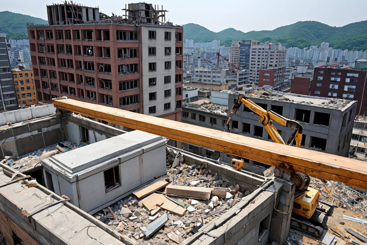 대구 중구 성내동의 철거 현장에서 구조물의 안전 점검을 위한 정밀 측정 장비가 놓여 있는 모습. 철거 예정 건물의 일부 구조물에 안전 보강 작업이 진행 중인 모습으로, 구조물과 측