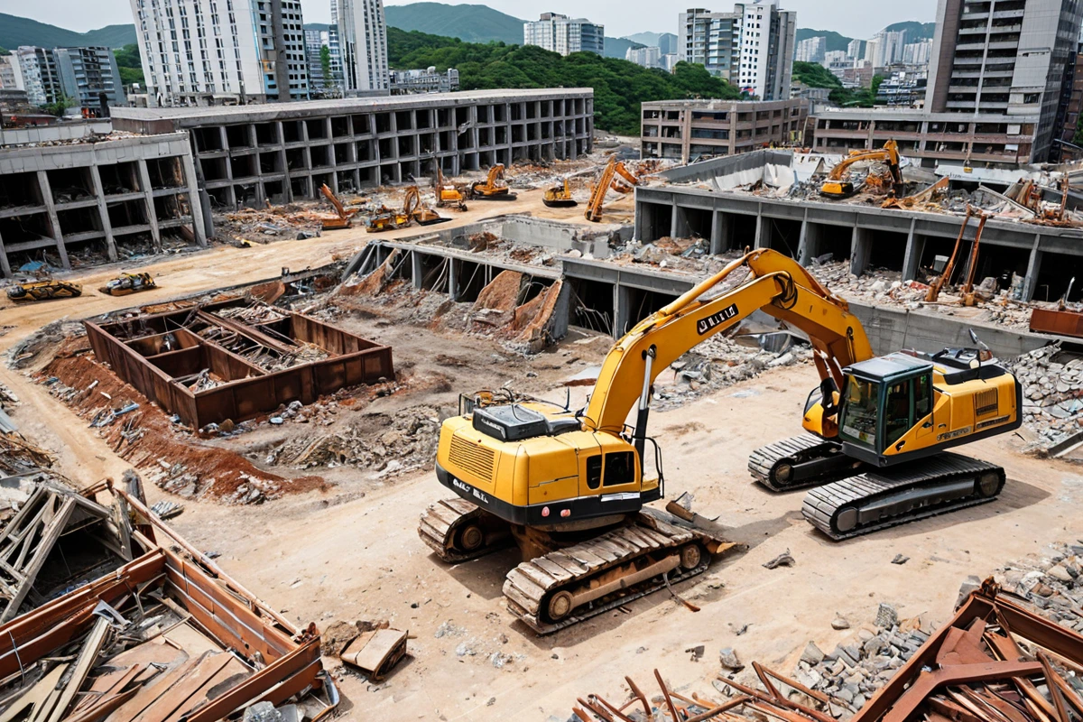 대구 중구 성내동의 철거 현장에서 철골 구조물과 목조 구조물이 함께 보이는 장면, 철거 장비가 준비된 채로 정리된 현장, 구조물의 규모와 재료에 따라 비용이 결정되는 것을 보여주는