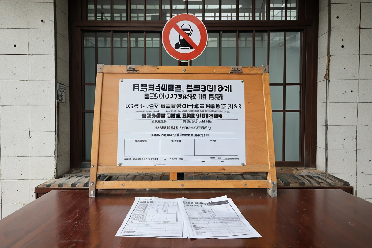 대구 중구 성내동의 철거 현장 입구에 위치한 공사 현장 안전 표지판과 허가 절차를 확인하는 문서가 정리된 테이블 위에 놓여 있는 모습. 허가서류와 관련 법규 문서가 명확히 보입니다
