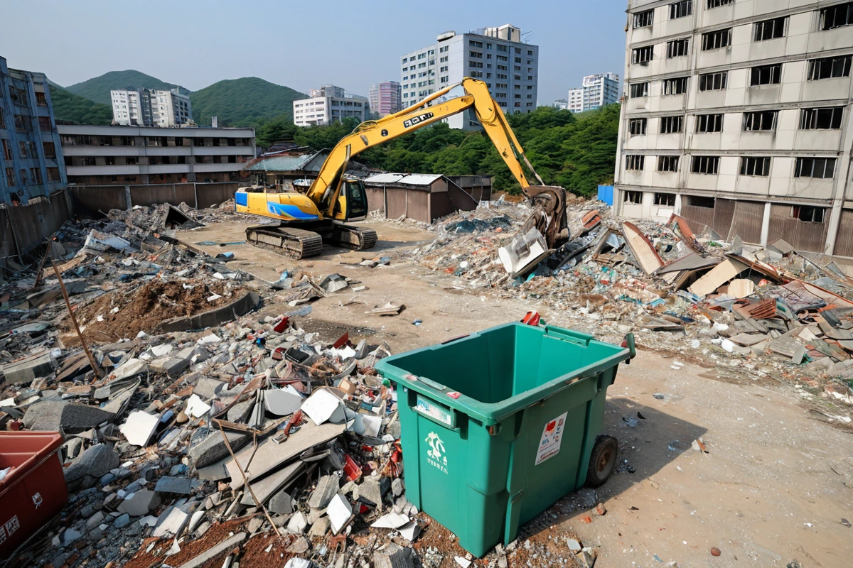 대구 중구 성내동의 학원 철거 현장에서 전문 철거 장비가 정확히 설치된 모습. 철거 작업을 위한 크레인과 안전 울타리가 배경에 배치되어 있으며, 철거된 구조물의 잔해가 철저히 분류