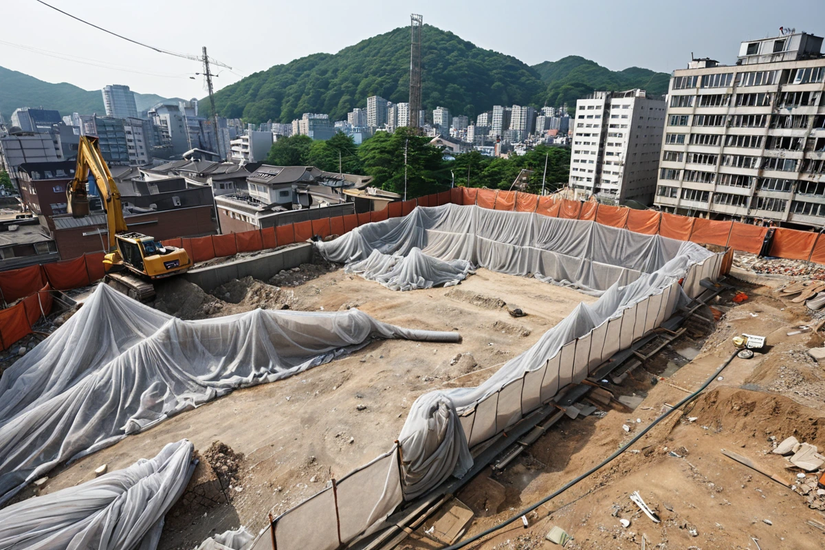 대구 중구 성내동 철거 공사 현장에서 소음과 먼지를 방지하기 위한 특수 방진망과 소음 차단 장치가 설치된 모습. 주변 건물과의 거리가 적절히 유지된 철거 현장의 안전 관리 장면.