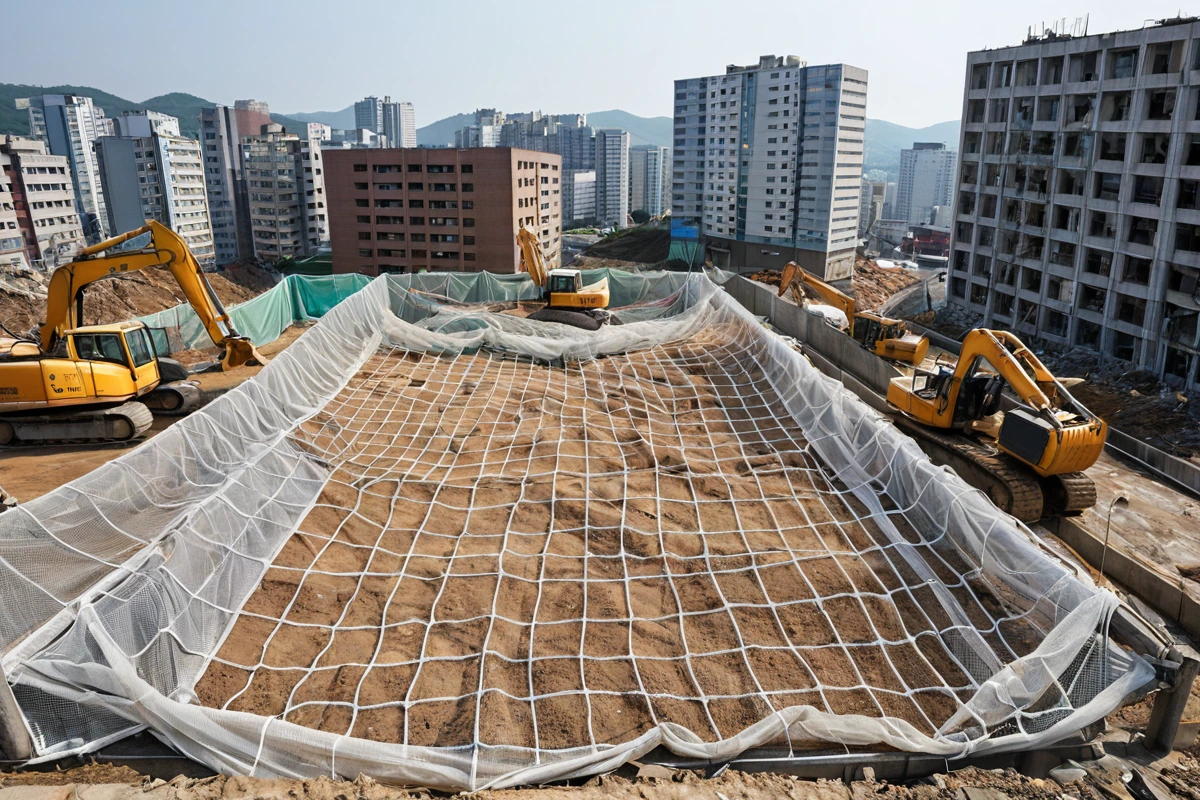 대구 중구 성내동 철거 현장 주변에 설치된 방호망과 안전 장비가 정리된 모습. 주변 건물과 인근 주민의 안전을 보장하기 위해 철저히 설치된 방호망이 눈에 띄는 사실적인 장면.