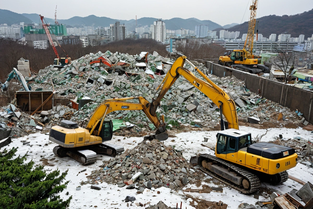대구 중구의 철거 현장에서 계절에 따른 작업 상황을 보여주는 사진, 겨울철의 눈 덮인 철거 현장과 여름철의 햇빛 아래 철거 작업 중인 모습의 대비를 보여주는 자연스러운 풍경